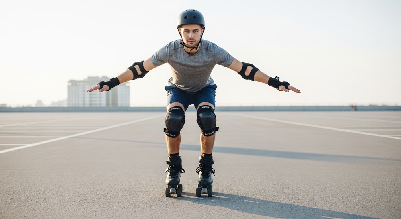 Beginner practicing balance on roller skates in an empty parking lot