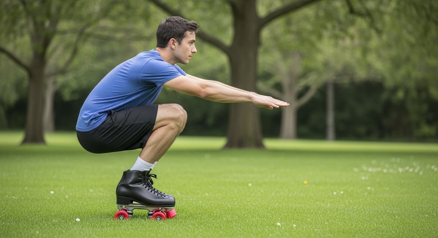 Skating balance drill on grass showing beginner stance