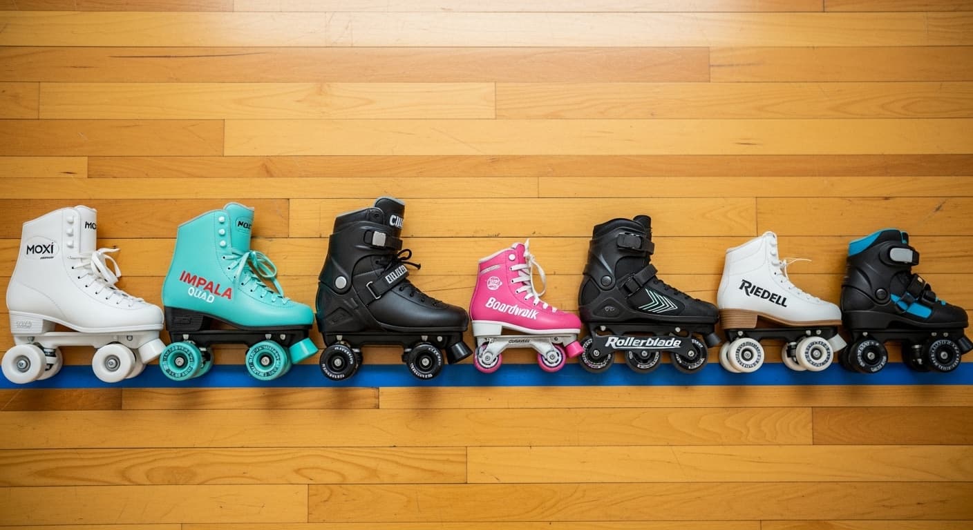 Lineup of the best roller skates for beginners in 2026 including quad and inline beginner roller skates on a wooden rink floor
