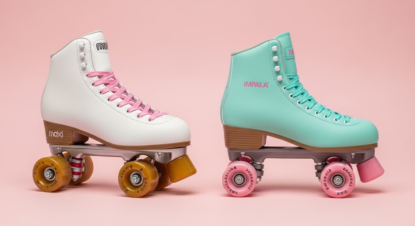 Side by side view of recommended beginner roller skates in the best roller skates for beginners roundup including Moxi Lolly and Impala quad skates