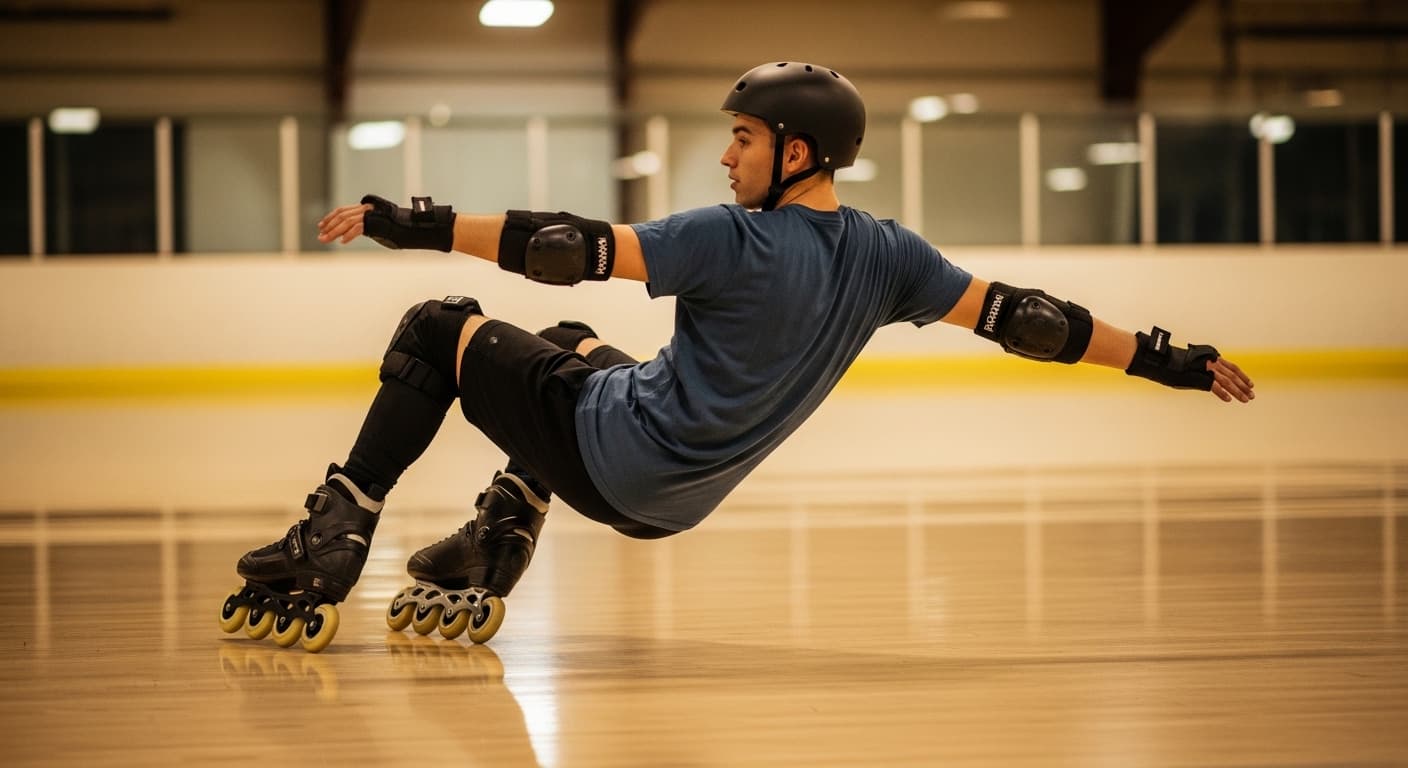 Beginner learning how to roller skate backwards using the roller magic method on a rink floor