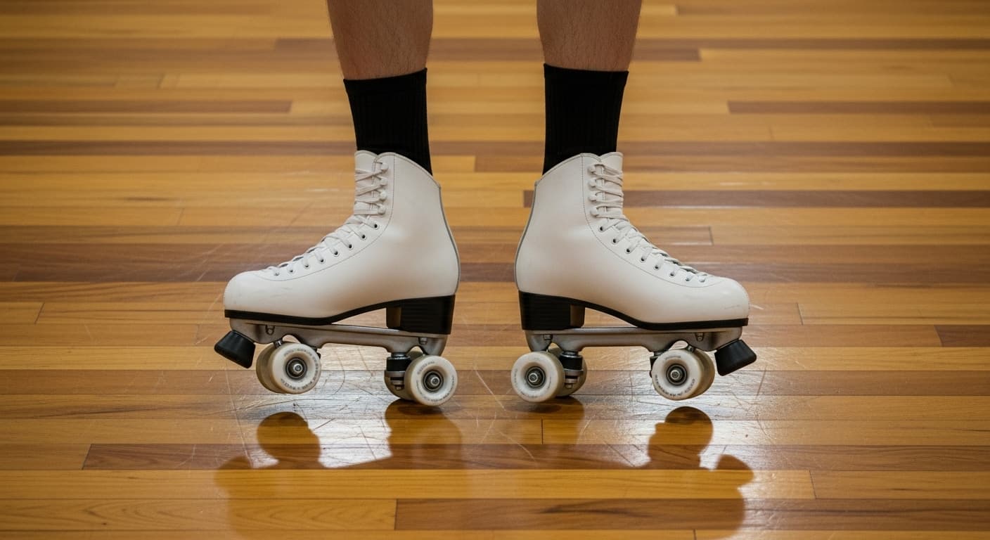 Top down view of skater feet performing a backward swizzle to learn how to roller skate backwards on a wooden rink floor