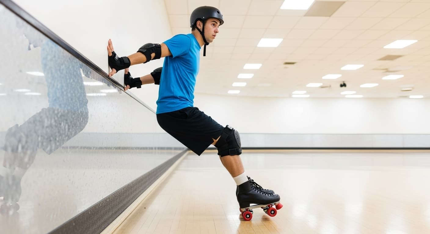Beginner practicing wall push drill to learn how to roller skate backwards with back against a smooth empty rink wall