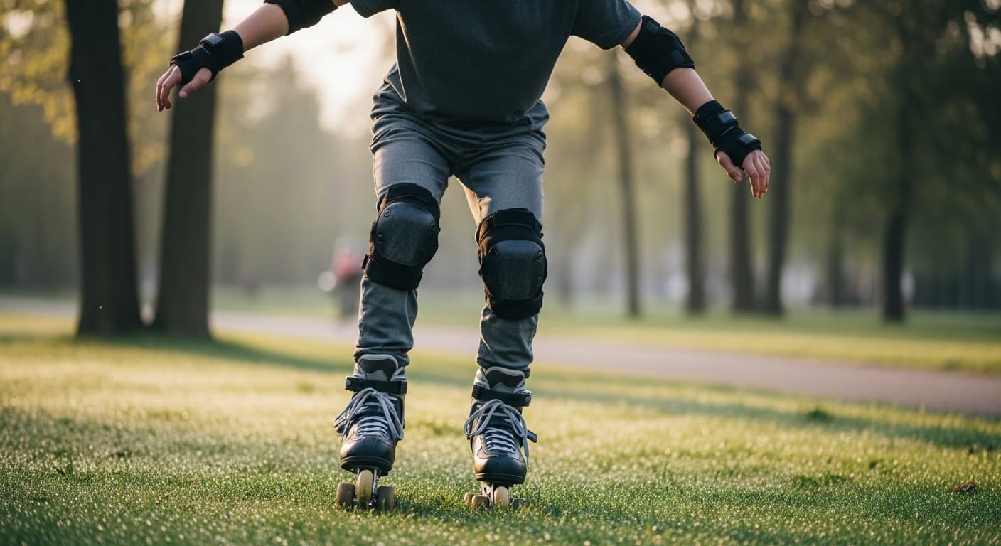 Beginner taking first small steps in roller skates on grass learning how to roller skate for beginners