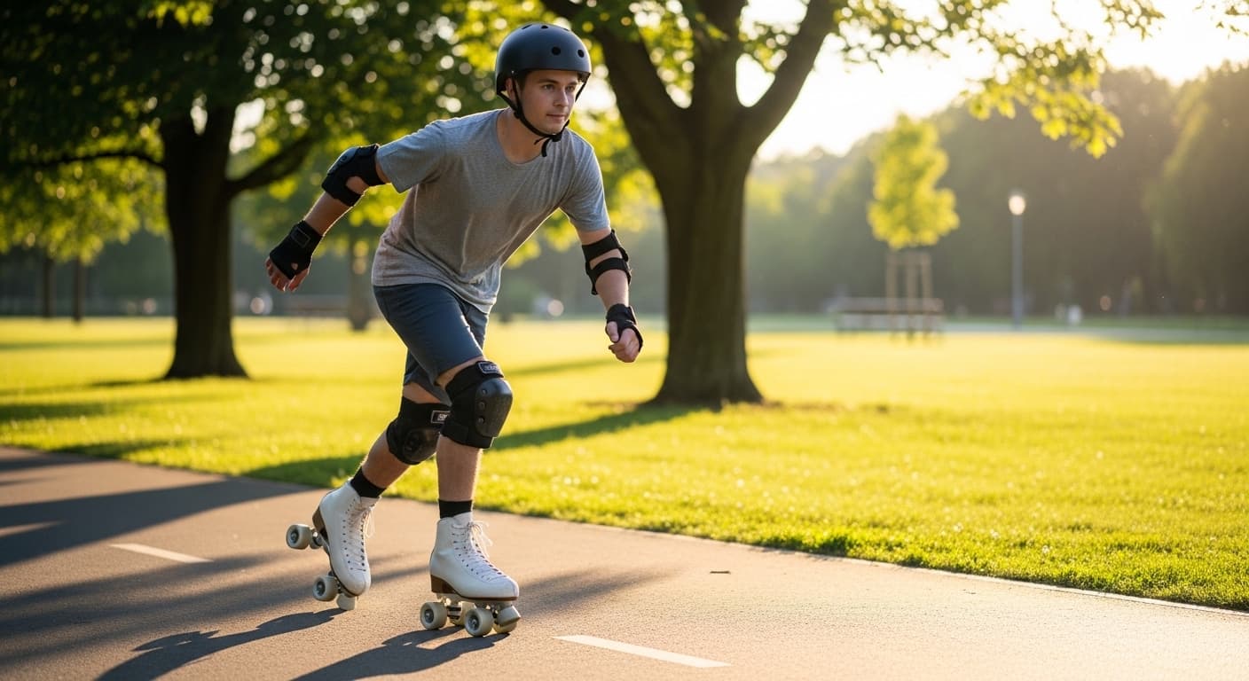 Beginner learning how to roller skate for beginners on a smooth paved path wearing quad roller skates, a helmet, and wrist guards