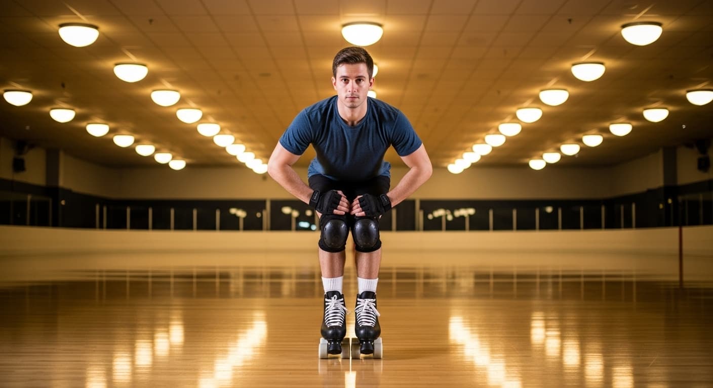 Beginner demonstrating the proper stance for how to roller skate for beginners with bent knees and hands forward