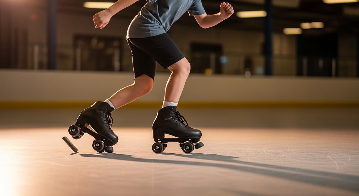 Roller skater demonstrating how to stop on roller skates using a toe stop drag on a smooth indoor rink floor