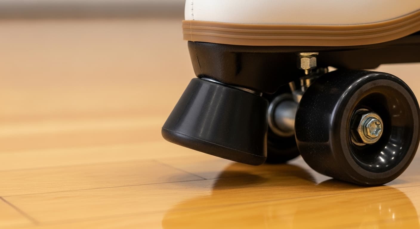 Close up of quad roller skate with rubber toe stop pressed to indoor rink floor demonstrating toe stop drag technique
