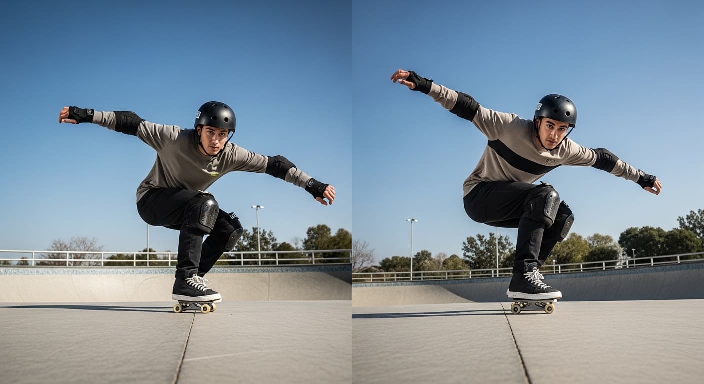 Split view of indoor roller skating on a rink floor and outdoor roller skating on a sunny paved park path comparing both styles