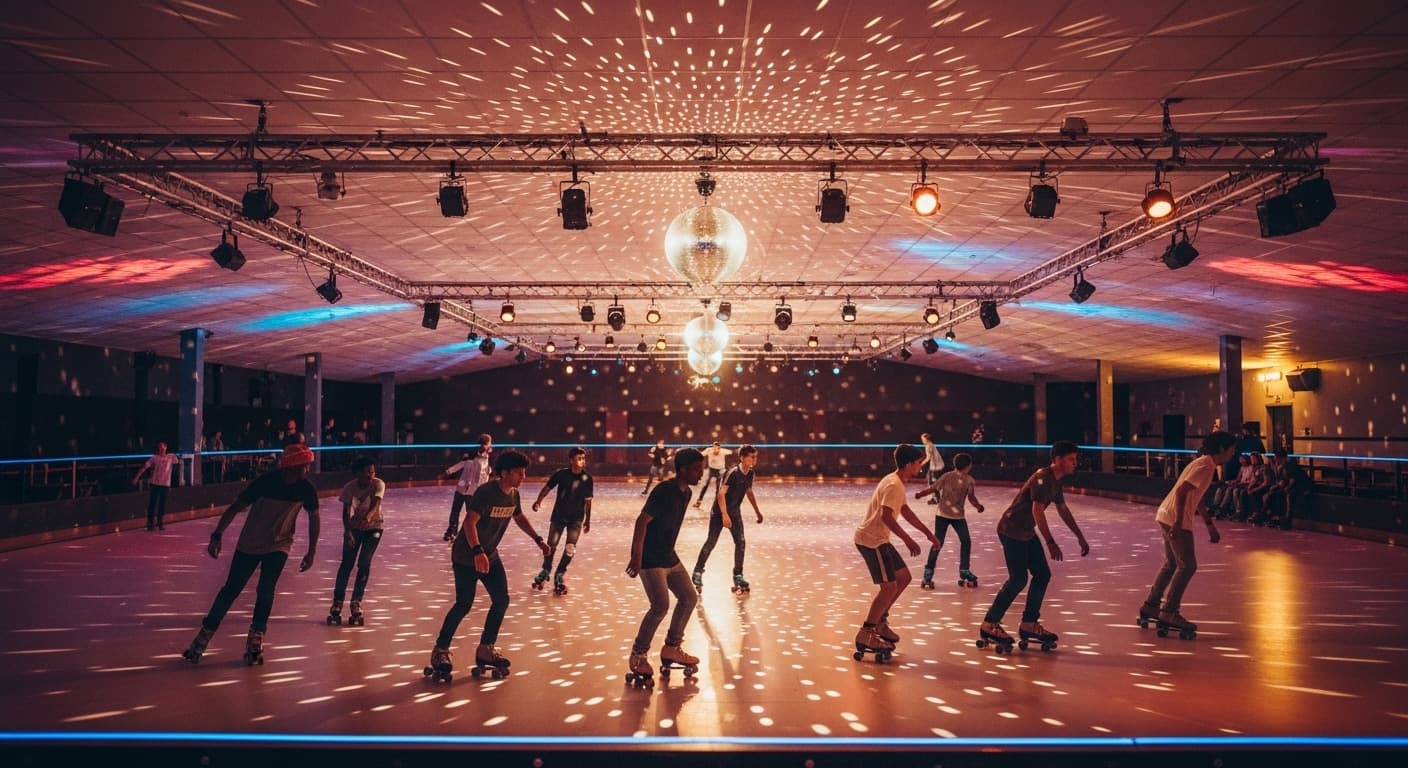 Indoor roller skating rink with group of skaters on smooth coated floor showing indoor skating environment