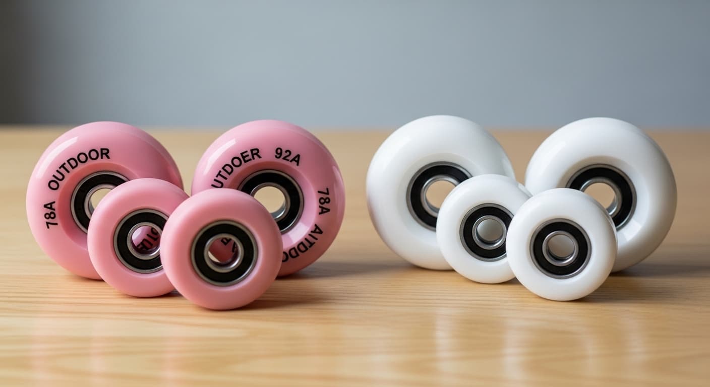 Outdoor roller skates with soft 78a outdoor wheels next to indoor roller skates with harder 92a wheels for comparison