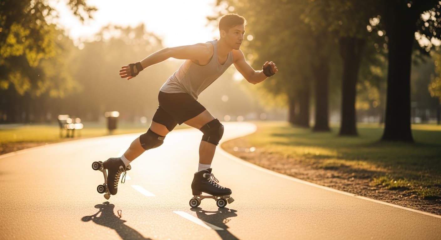 Adult skater getting a full body workout showing that roller skating is good exercise while rolling on a smooth outdoor path wearing quad roller skates and safety gear