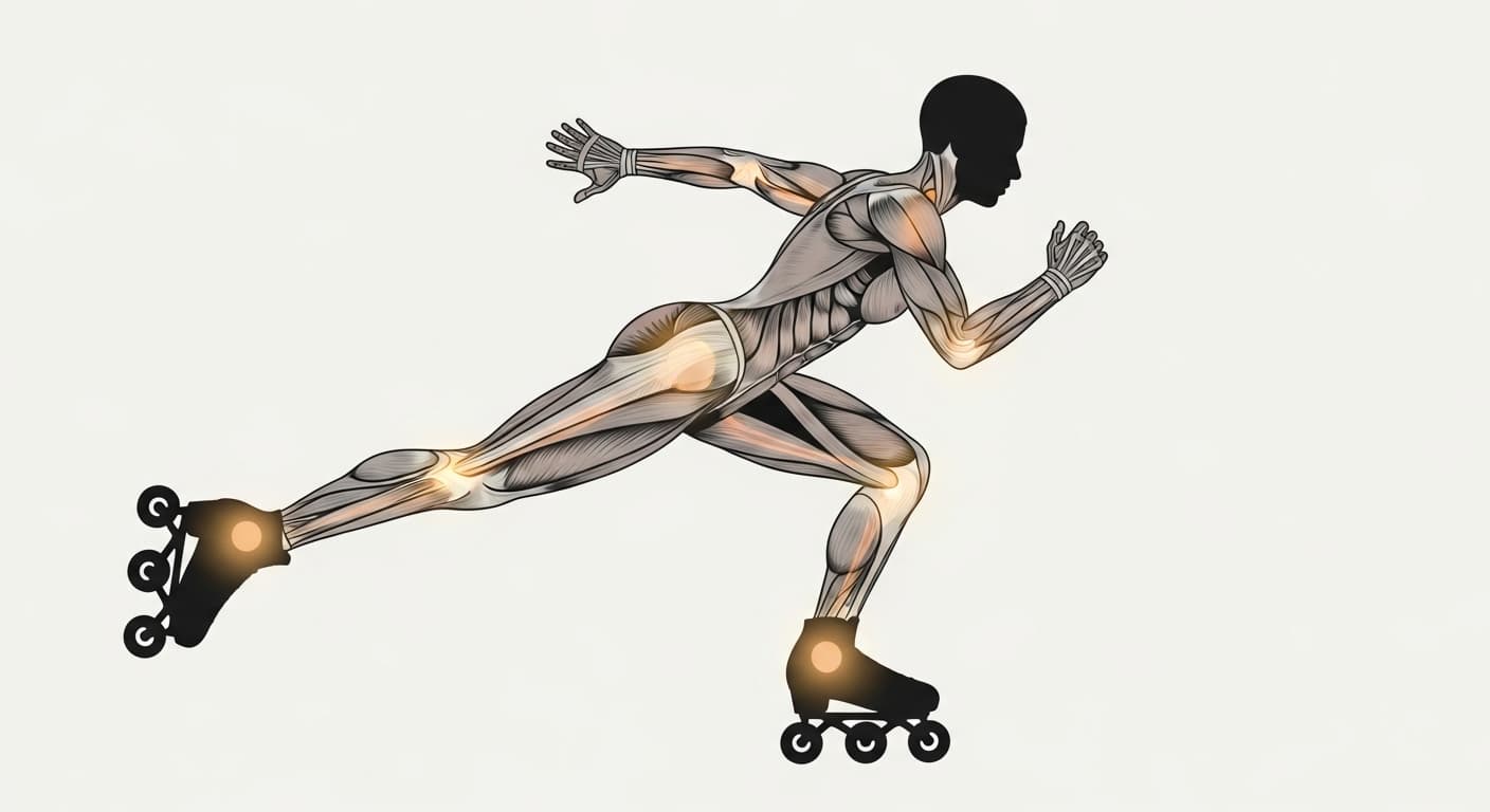 Illustrated diagram of main roller skating muscles worked including quads glutes hamstrings calves and core during a stride