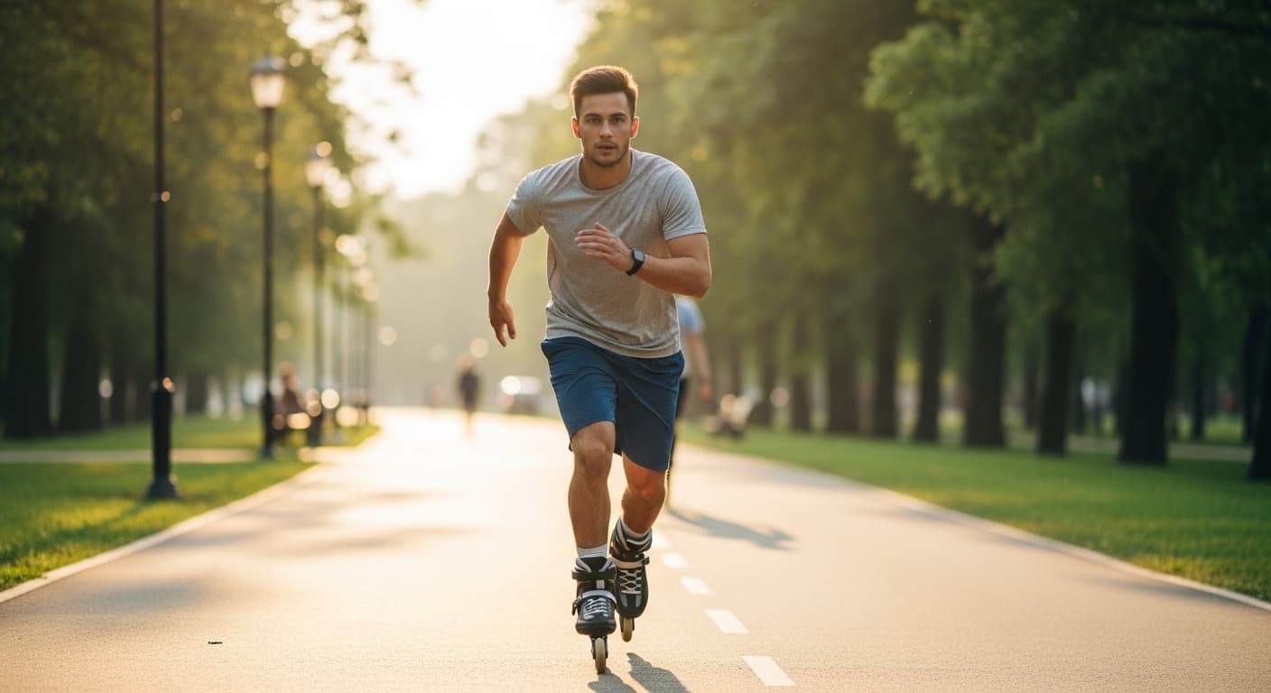 Beginner roller skater following a 30 minute skate workout on a smooth paved path showing roller skating is good exercise