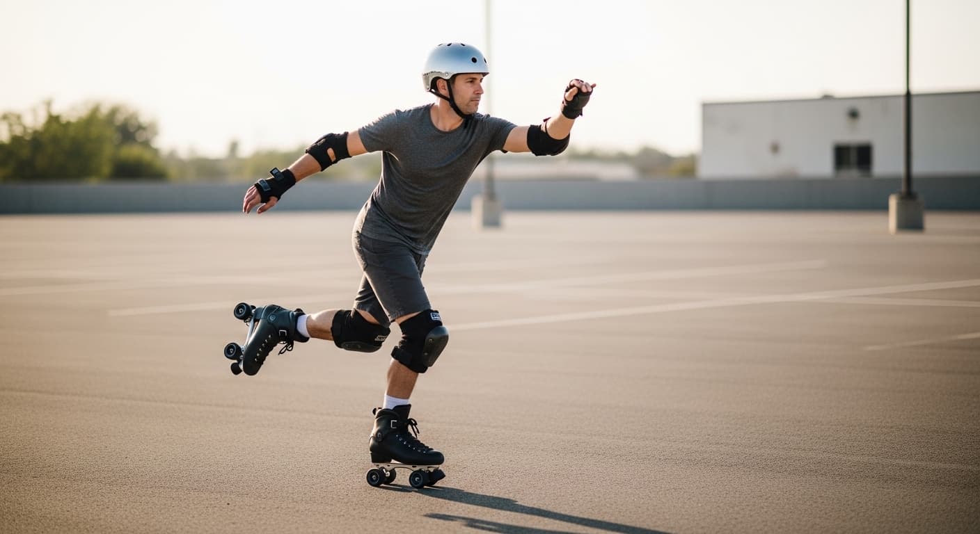 Adult roller skater practicing in a quiet parking lot wearing adult roller skates from the roller magic for adults guide