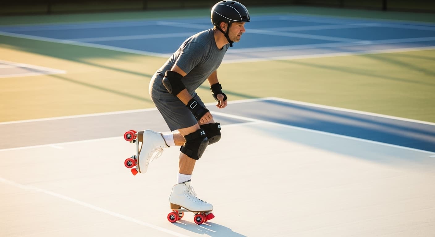 Adult practicing a one foot glide on quad roller skates on a smooth outdoor tennis court showing adult roller skating practice