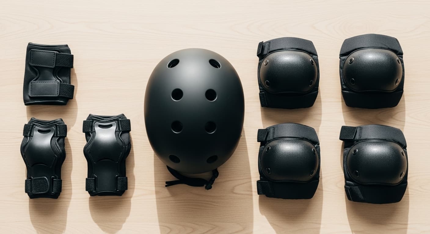 Flat lay of complete adult roller skating safety gear including helmet wrist guards knee pads and elbow pads for roller magic adult beginners