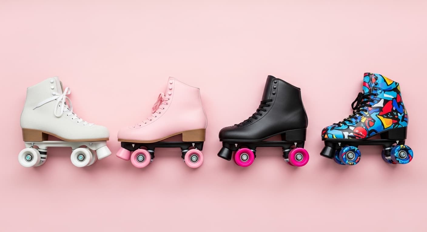 Woman lacing up a pair of pastel blue suede quad roller skates on a park bench for the roller magic for women beginner guide