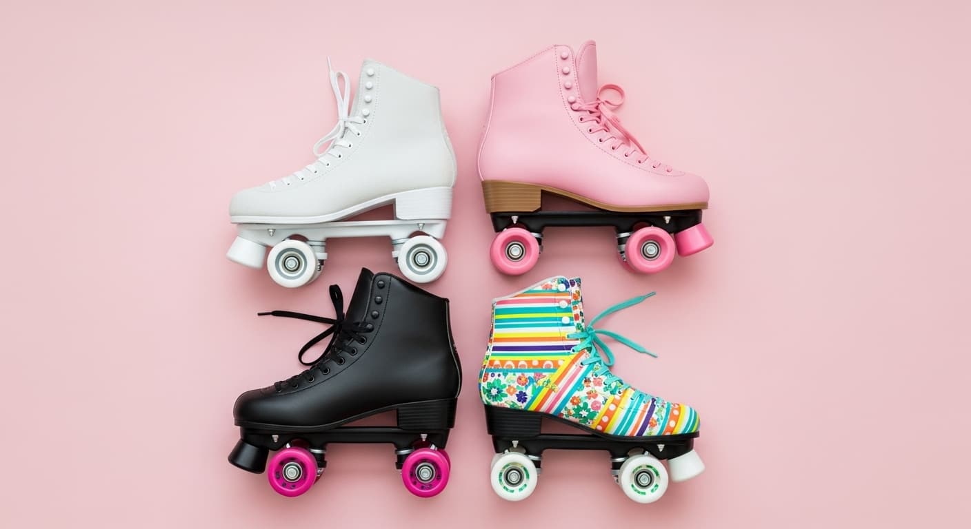 Three women friends skating together on a smooth outdoor path at sunset wearing colorful roller skates and protective pads