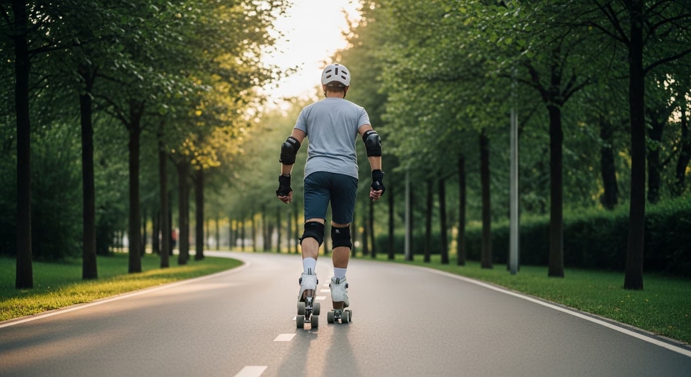 Outdoor roller magic skating session with skater rolling on smooth paved park path wearing quad roller skates and safety gear