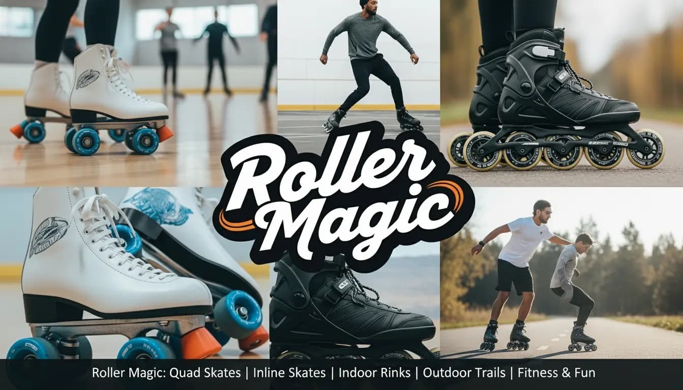 Group of roller magic skaters of different ages rolling together on a sunny outdoor path wearing quad and inline roller skates