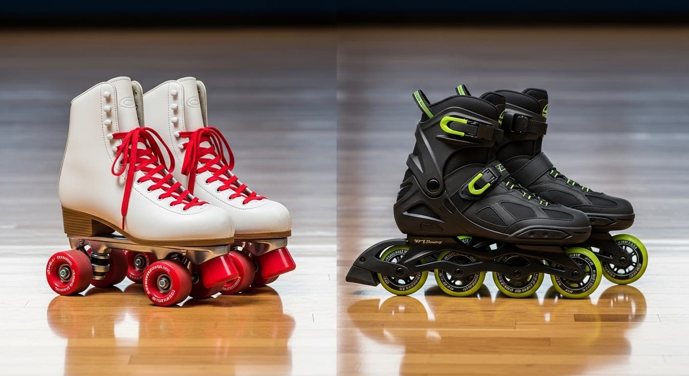 Roller magic comparison of quad roller skates next to inline skates on wooden rink floor
