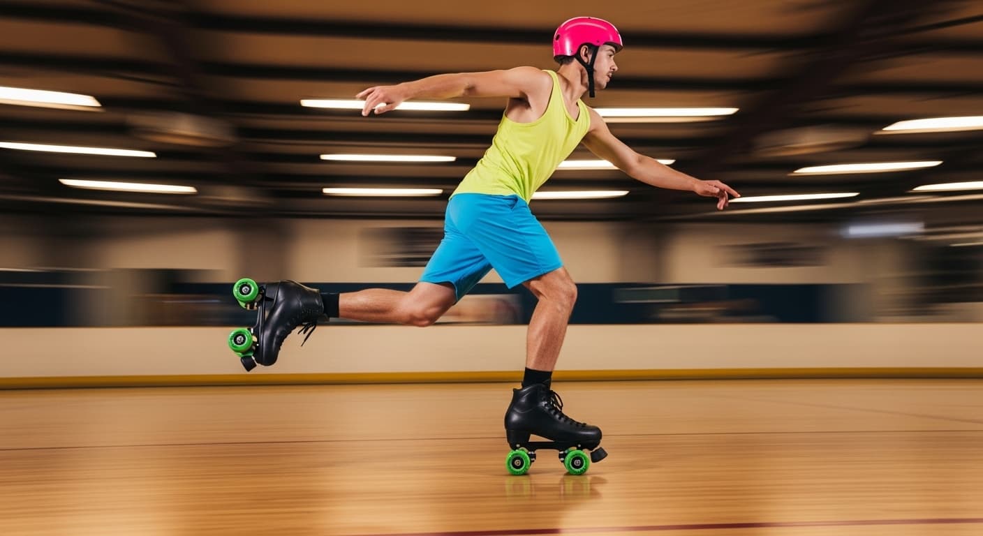 Confident roller skater performing a one foot glide roller skate trick on a polished indoor rink floor with motion blur