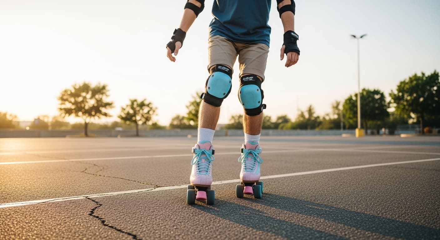 Beginner roller skater practicing a basic roller magic trick on a quiet outdoor path with roller skate tricks progression