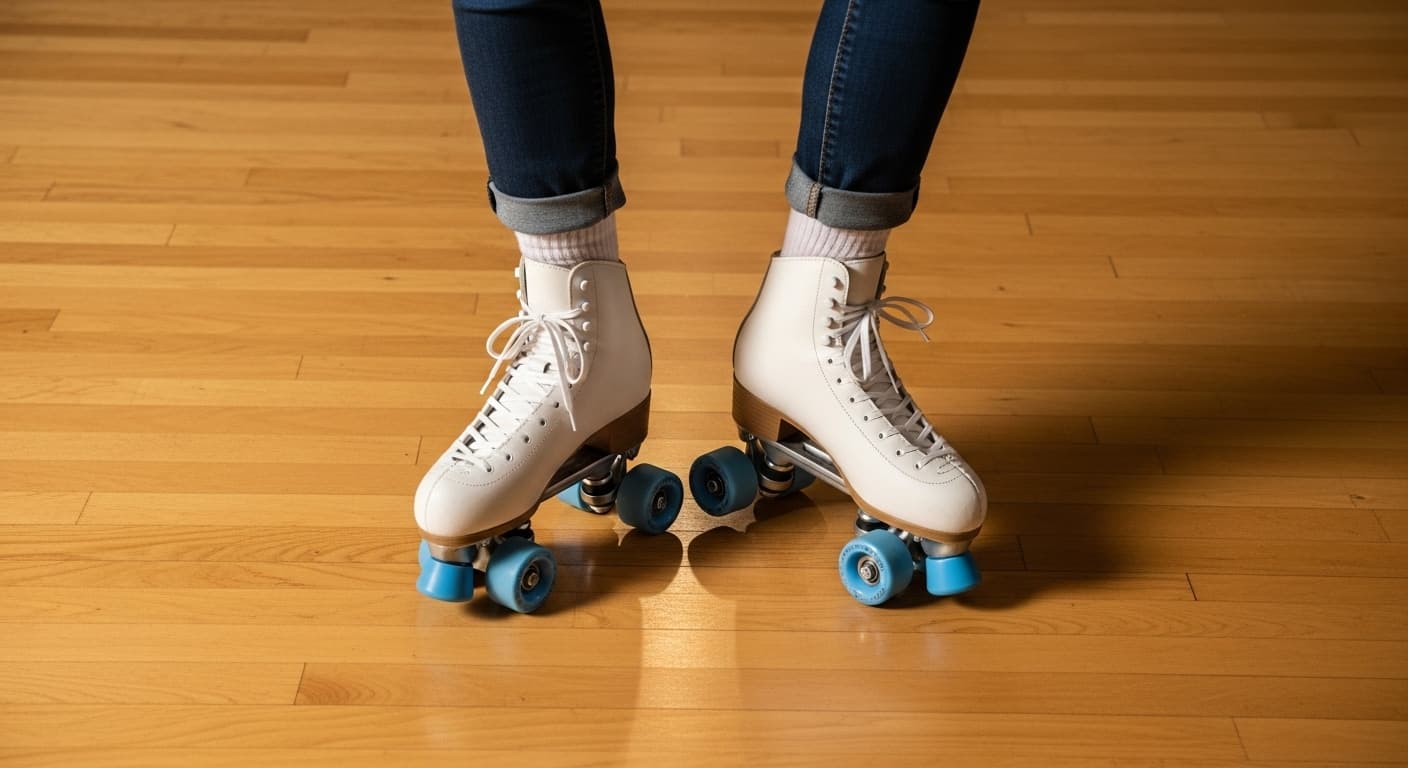 Top down view of a beginner's quad roller skates performing a swizzle on a polished rink floor showing pumpkin seed pattern
