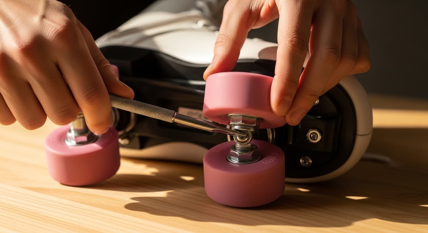 Hand using a skate tool to change a pink roller skate wheel on an upside down white quad skate for the Roller Magic wheels guide