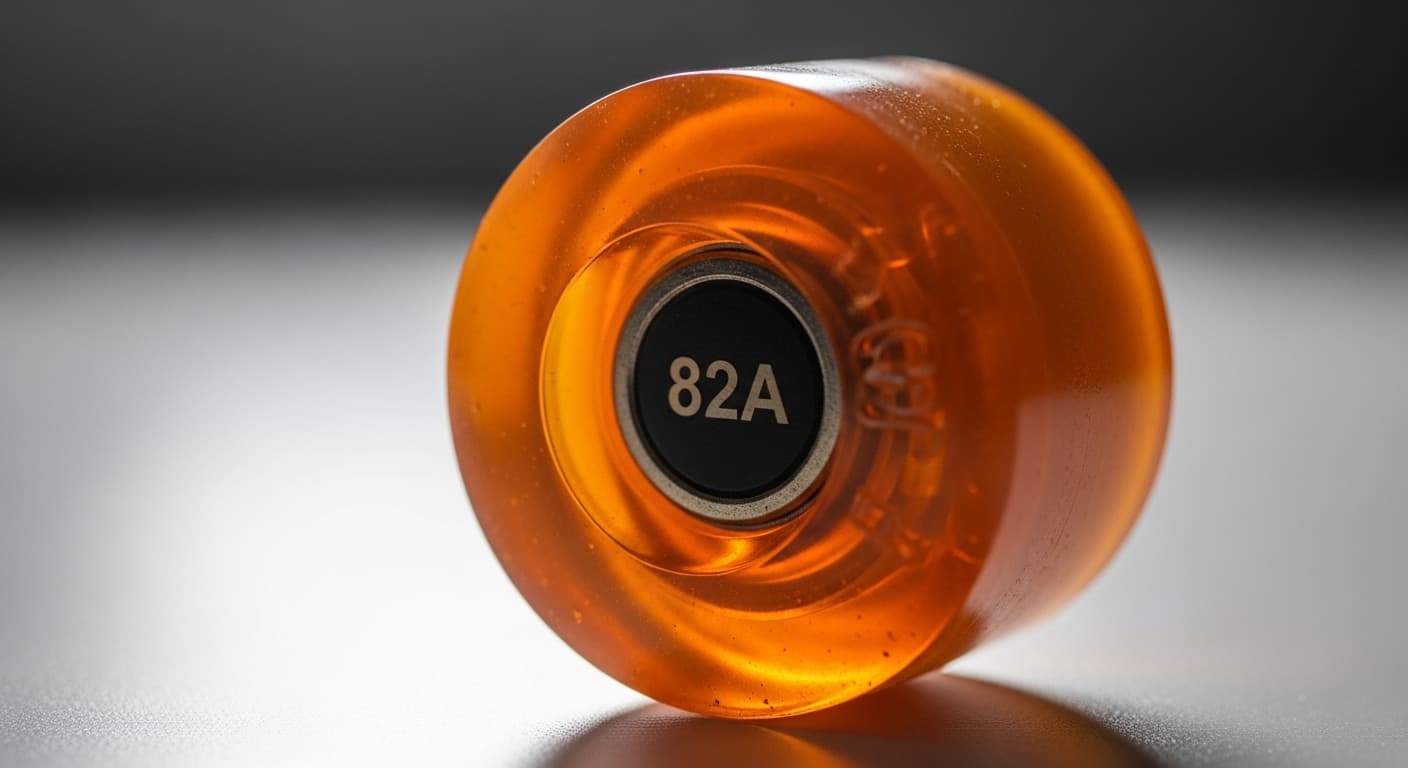 Close up of a translucent amber 82A roller skate wheel showing durometer number printed on the hub