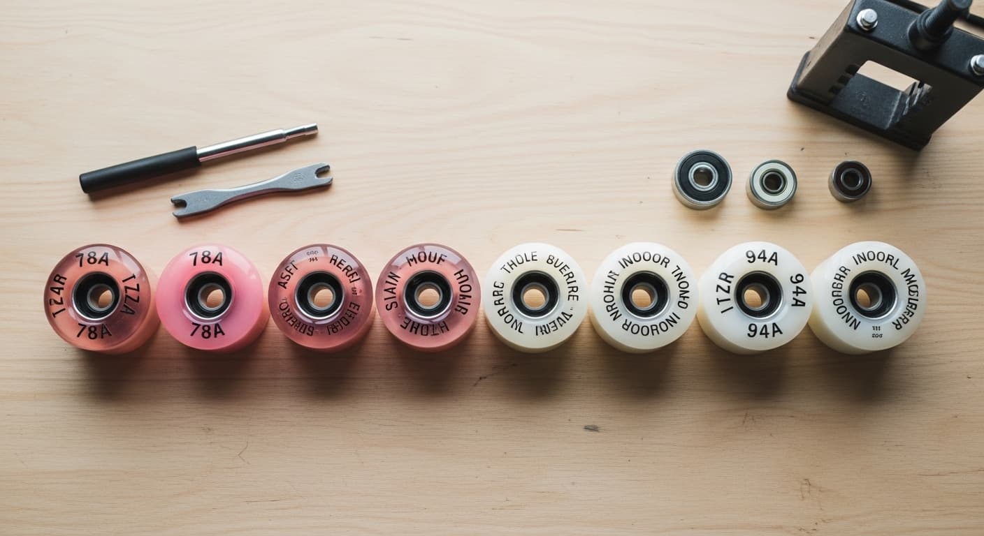 Roller skate wheels lined up by hardness and color showing indoor and outdoor roller magic wheel options