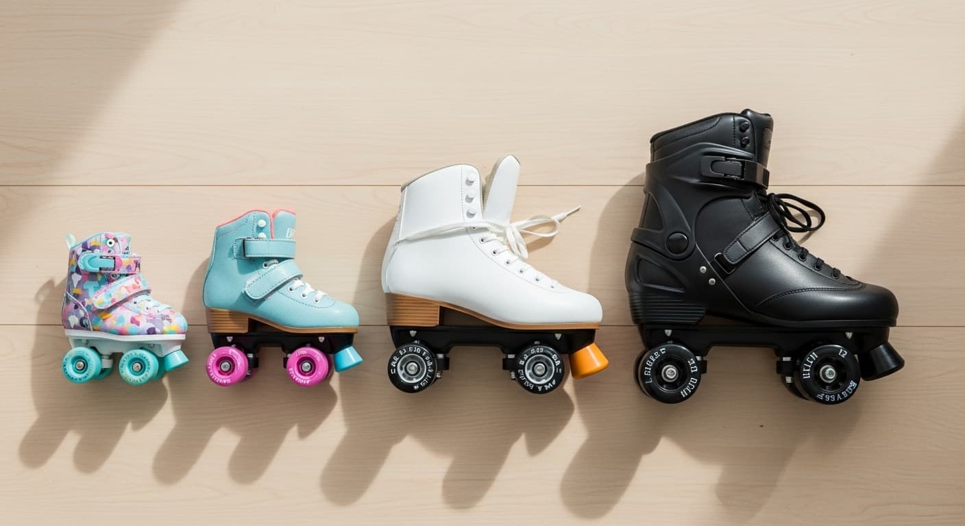 Roller skate size chart reference with quad skates lined up in different sizes on a wooden floor for adults and kids