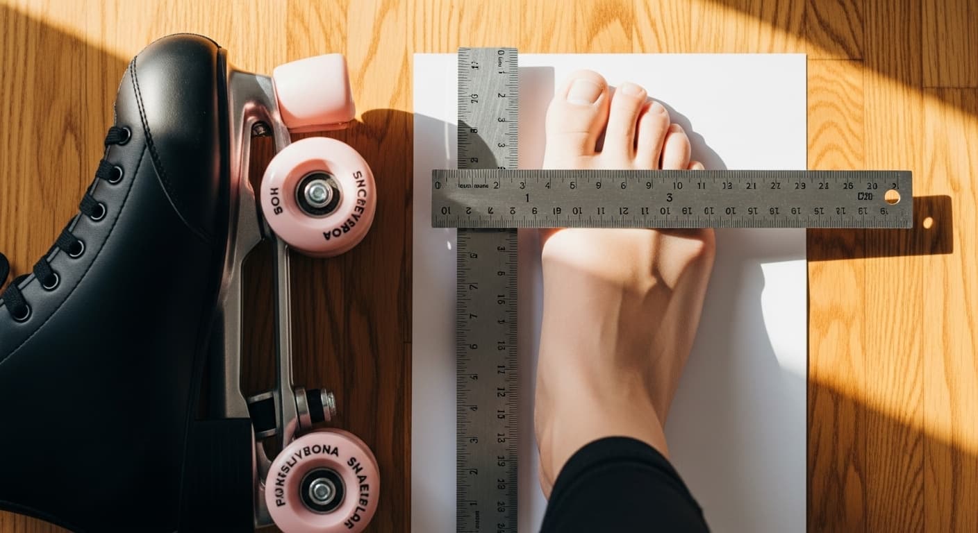 Close up of a skater measuring foot length on paper with a ruler next to roller skates for the roller skate size chart