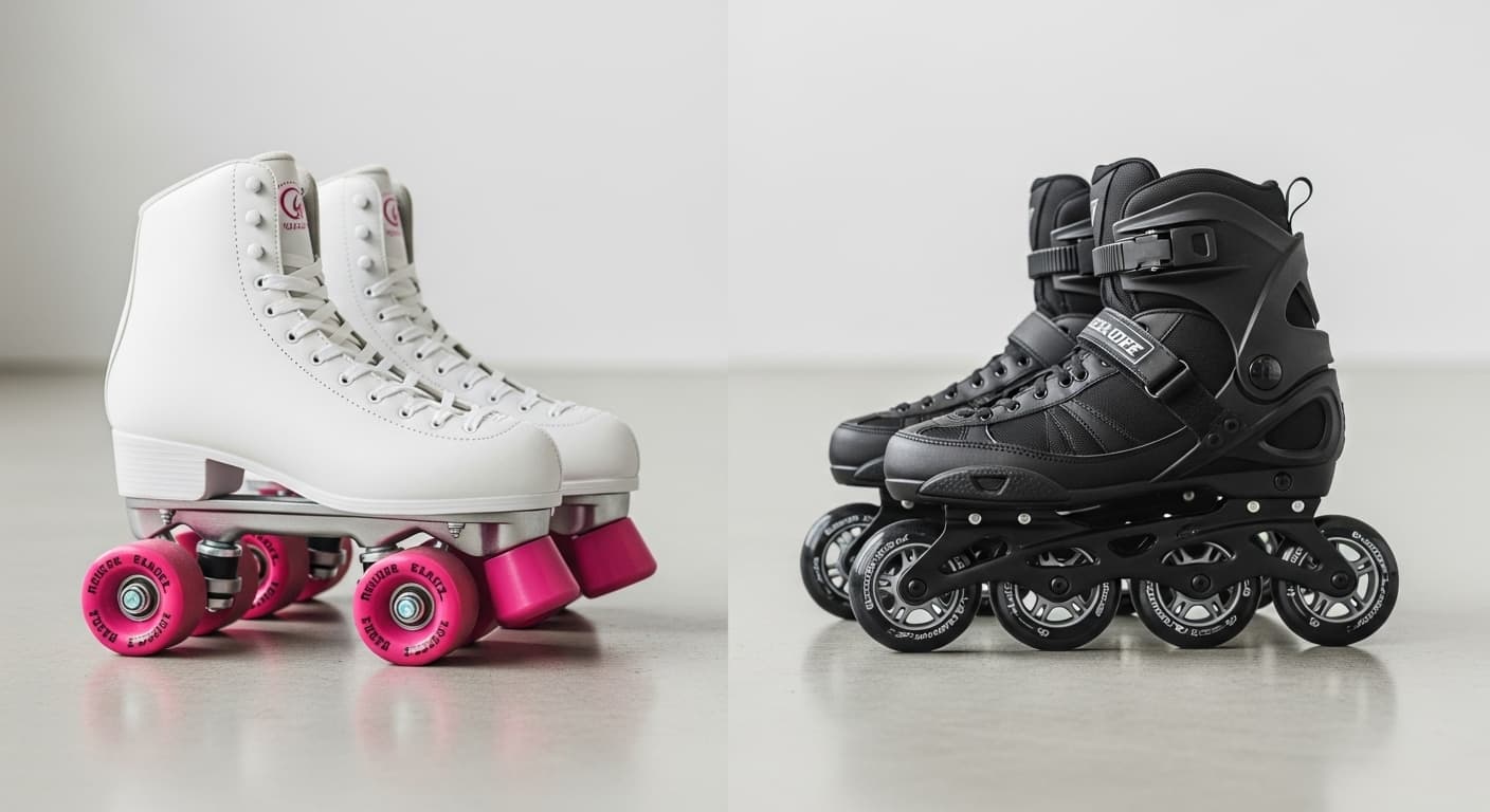 Quad roller skates next to inline rollerblades for a roller magic comparison on a wooden floor