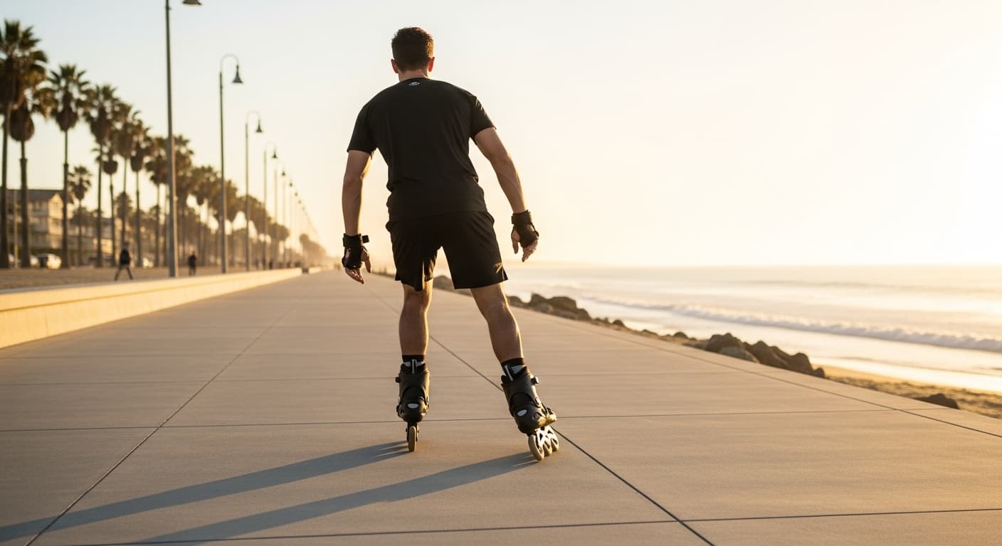 Person skating on inline rollerblades along a smooth concrete boardwalk at golden hour showing outdoor performance