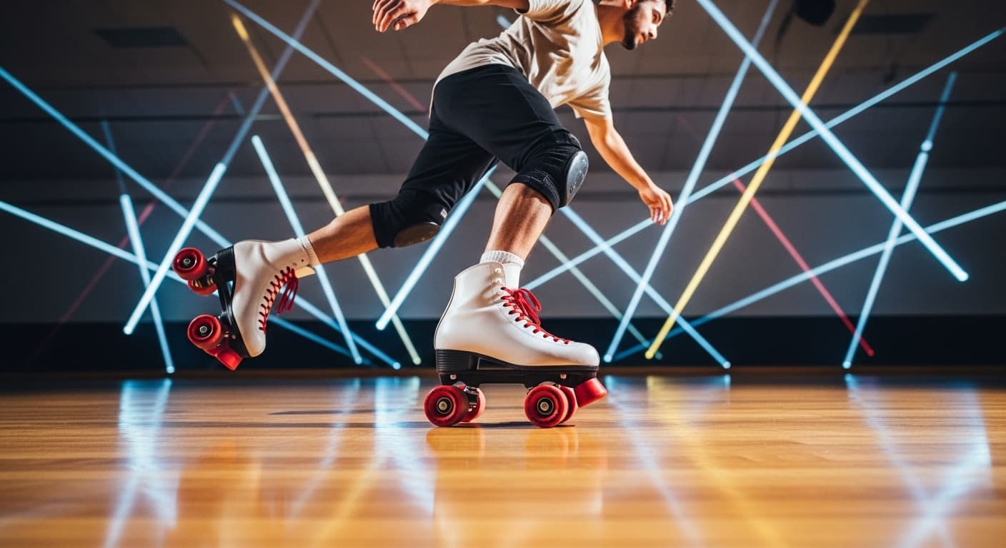Person skating on quad roller skates at a polished wooden indoor roller rink with motion blur showing speed