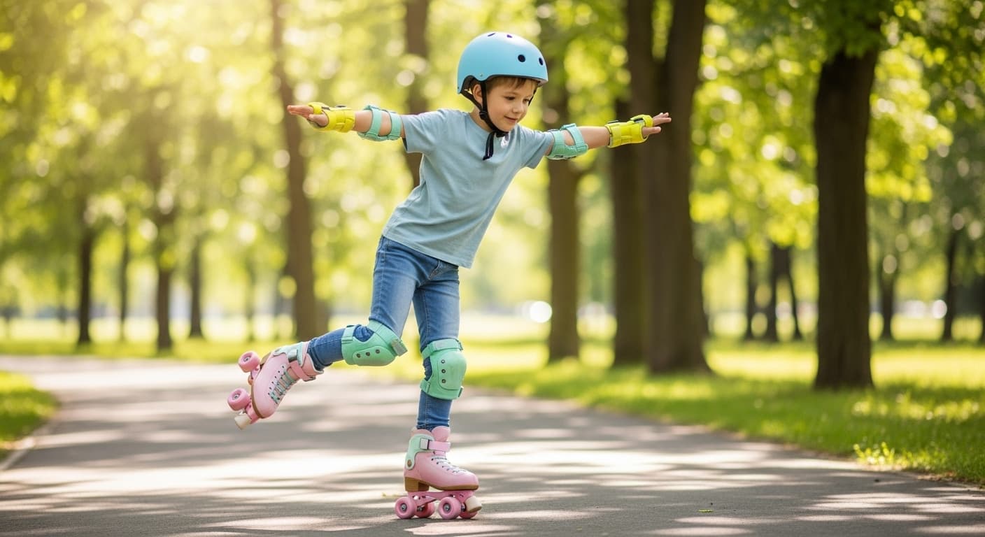 Beginner roller skater practicing balance drills on a smooth outdoor path wearing quad roller skates and full safety gear