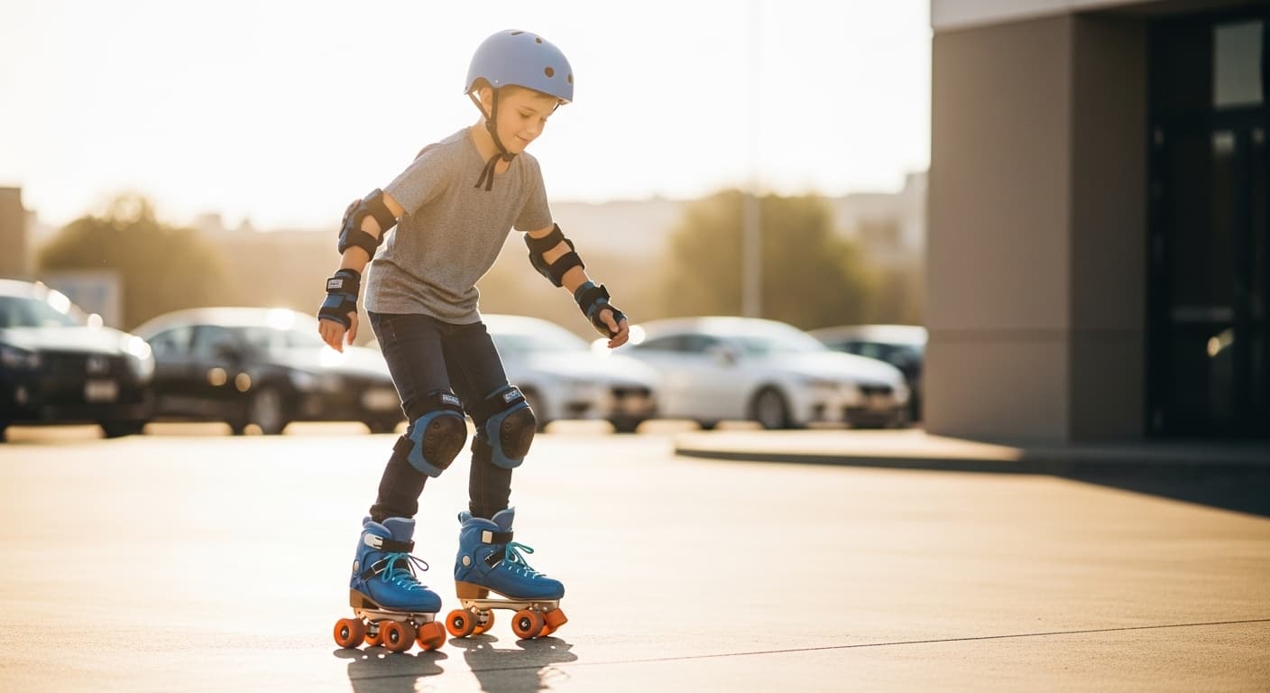 Beginner skater practicing small steps on smooth flat pavement building rhythm and confidence with roller skates