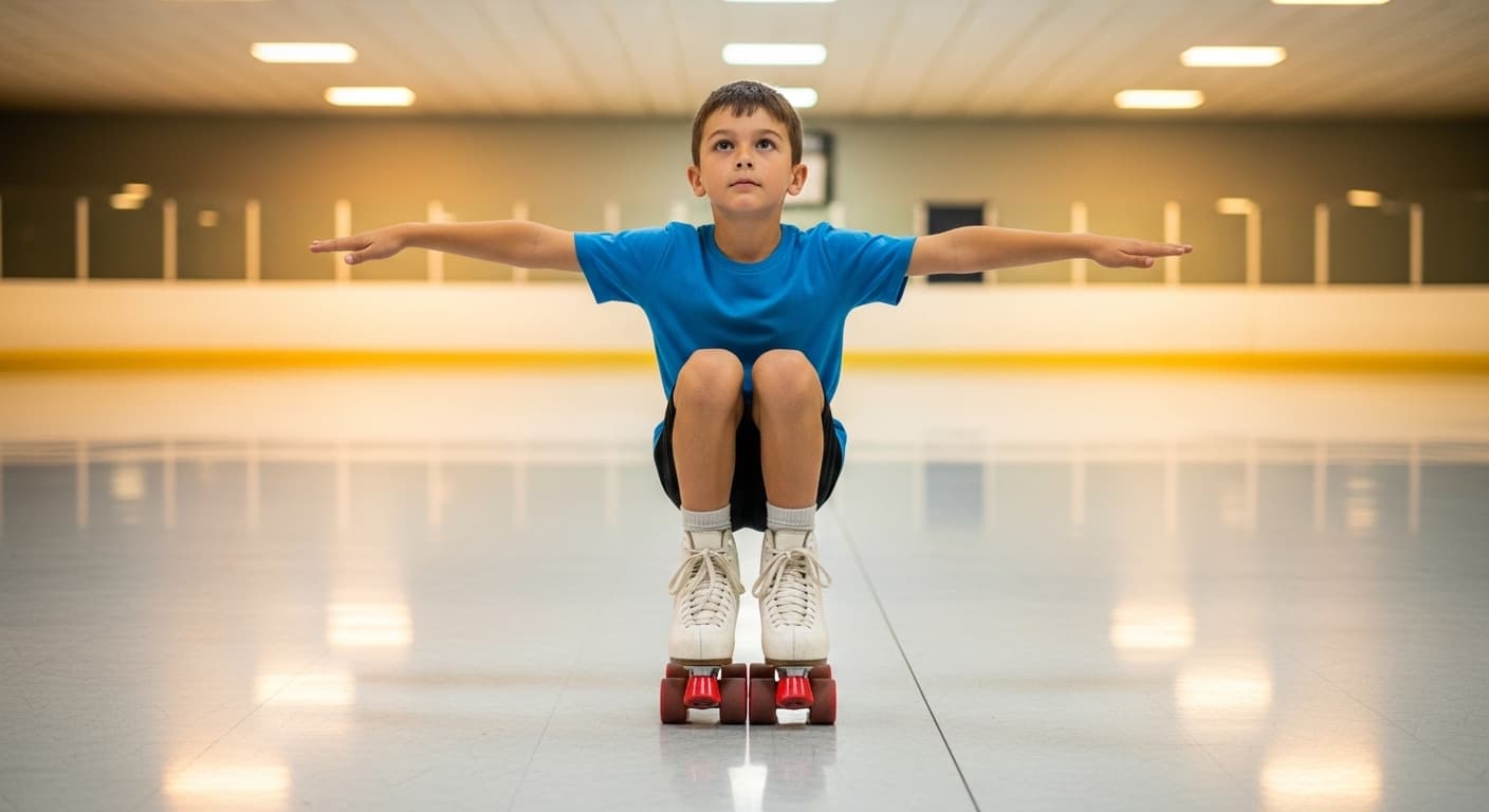 Beginner roller skater in proper stance with knees bent eyes forward and arms out for balance on smooth rink floor