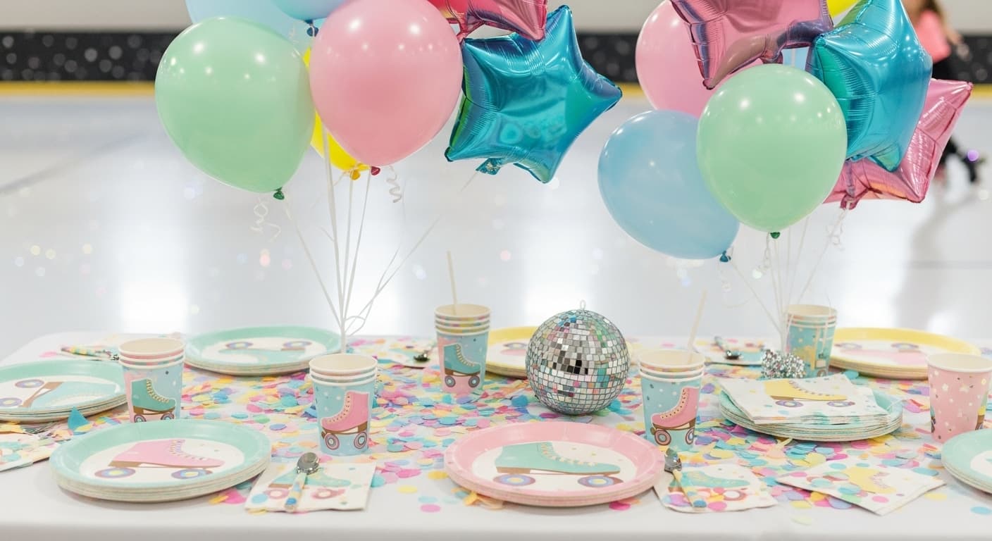 Skating party decorations with colorful balloons, themed tableware, and a disco ball backdrop on a party table near a roller rink floor