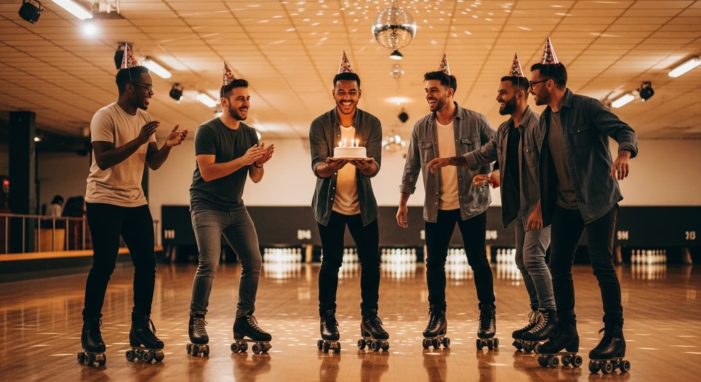 Group of friends celebrating a birthday skating party at an indoor roller rink wearing quad roller skates and party hats