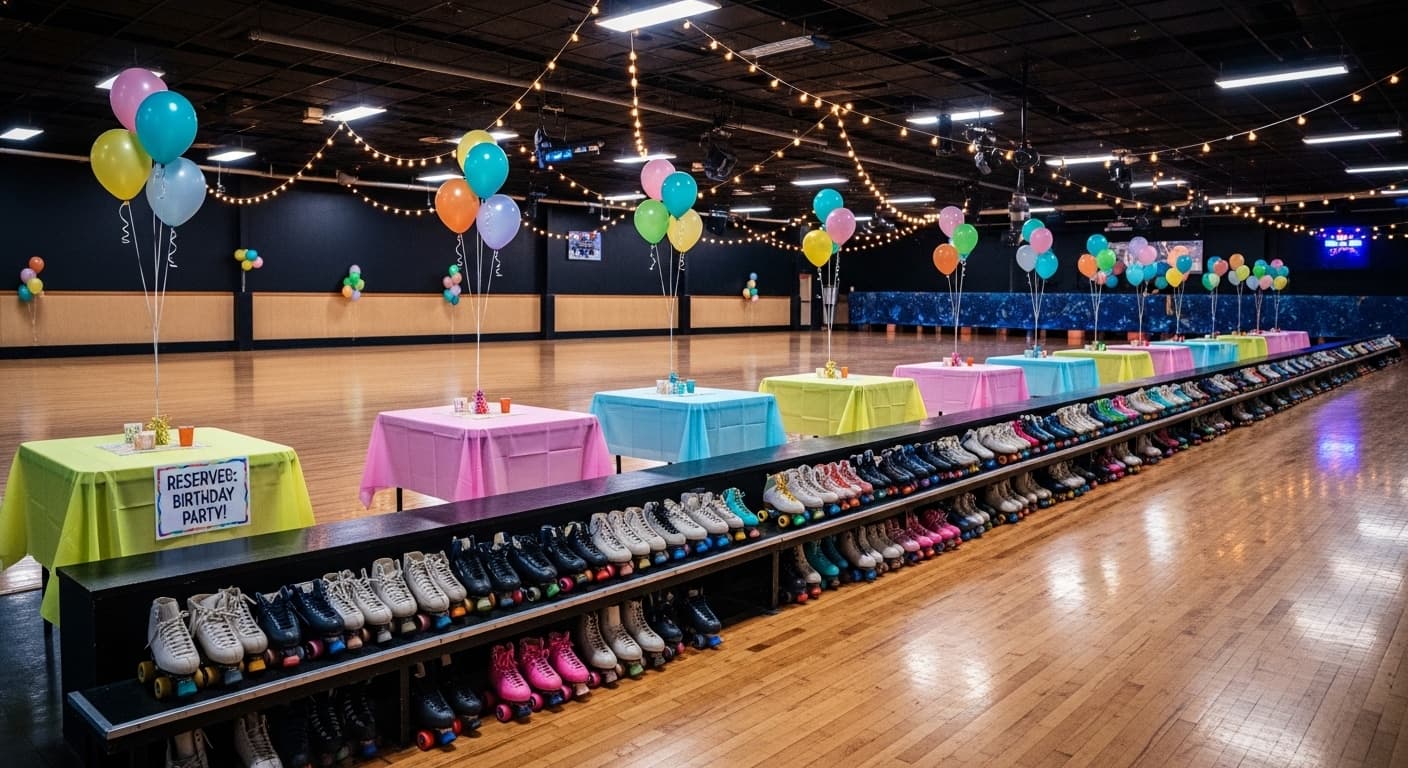 Wide interior view of a roller rink venue set up for a skating party with reserved party tables, balloons, and rental quad roller skates lined up