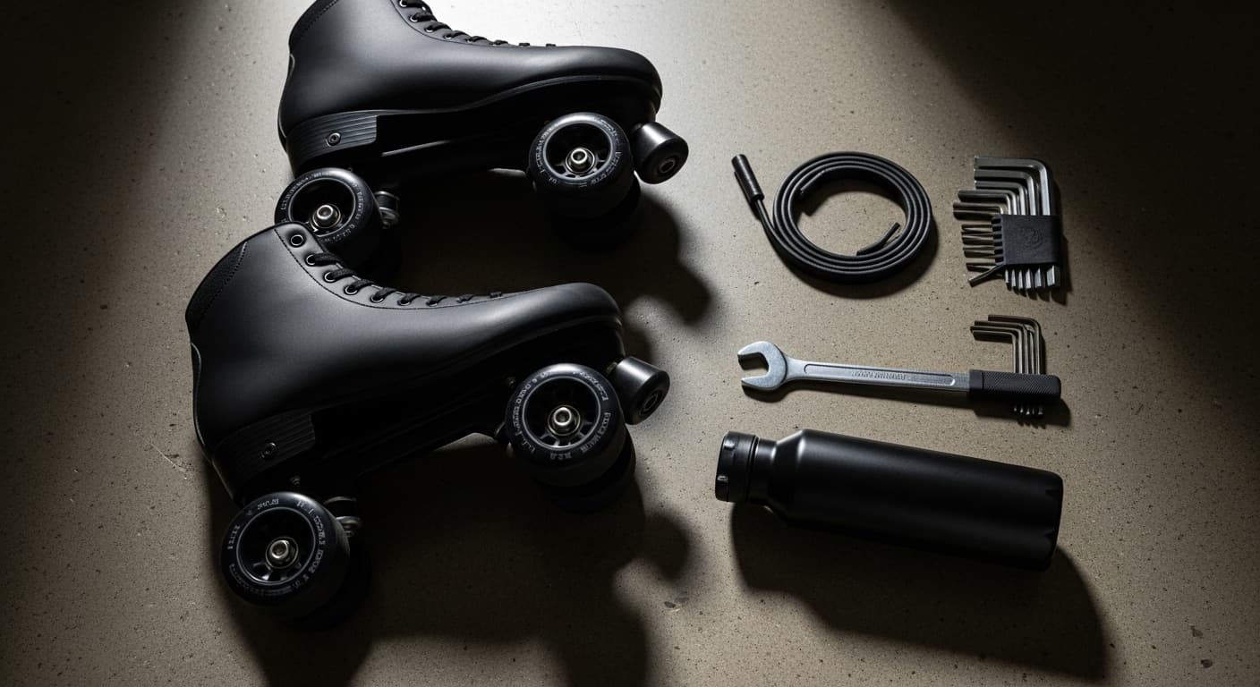 Chicago Bullet quad roller skates in classic black and white on a polished rink floor