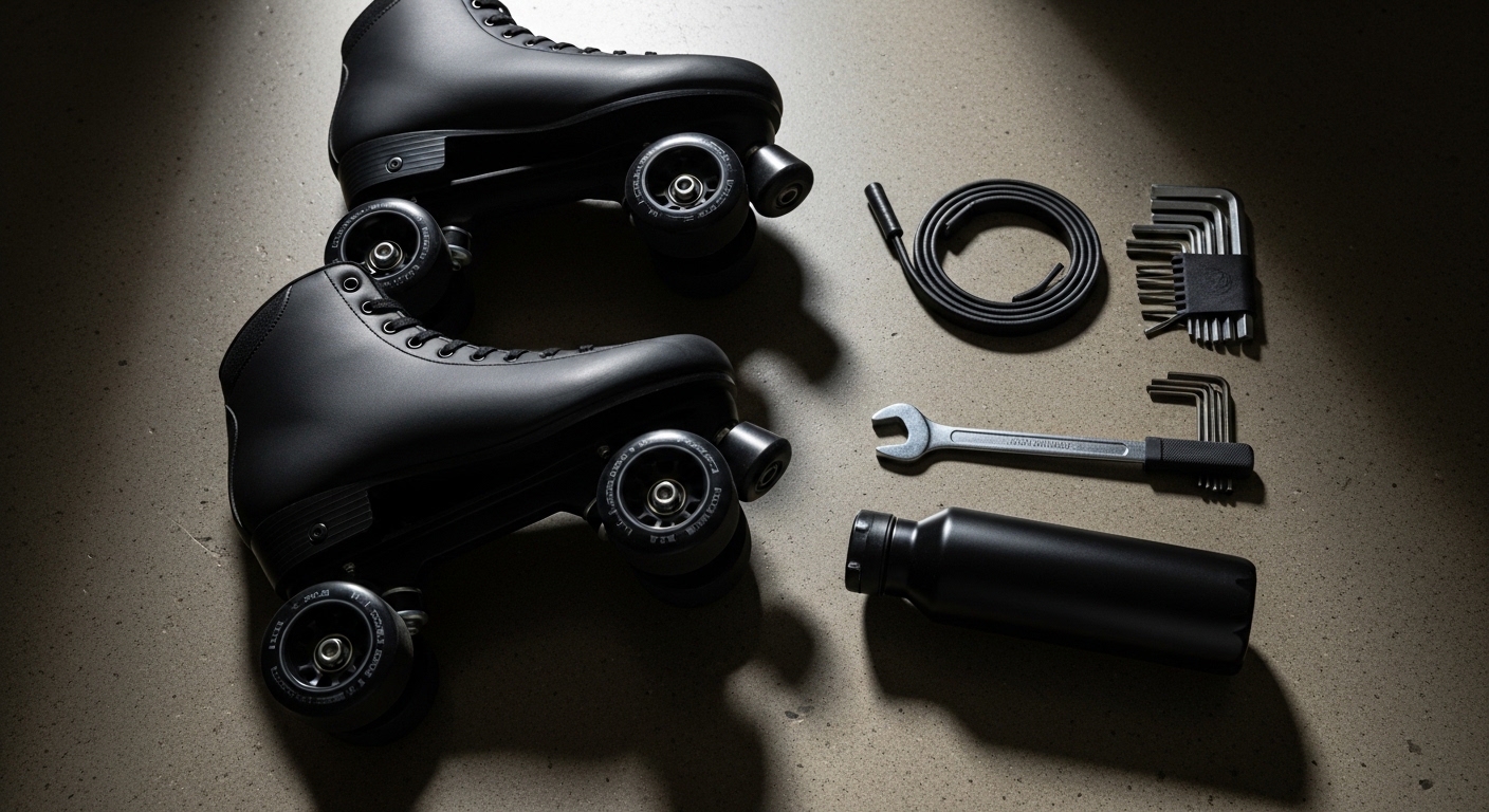 Chicago Bullet quad roller skates in classic black and white on a polished rink floor