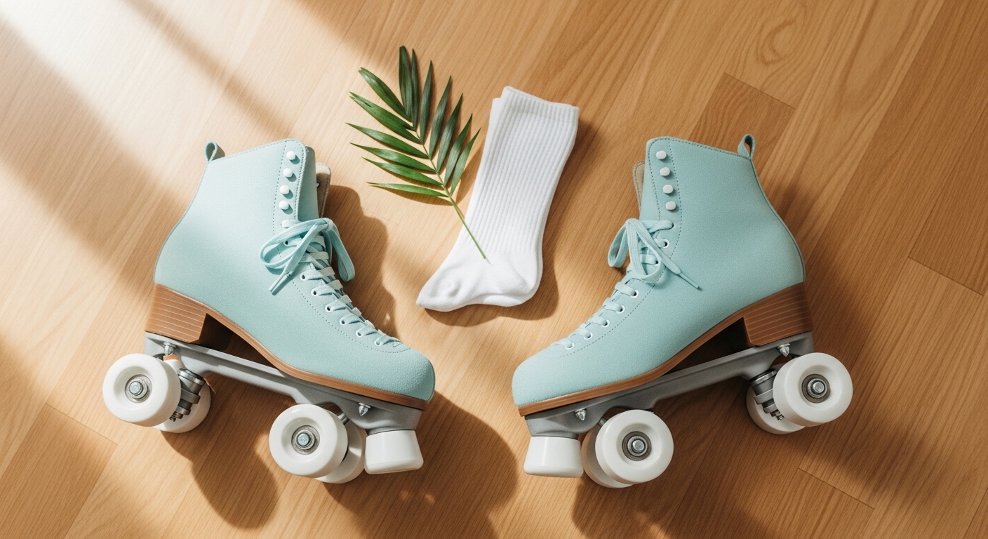 Moxi Beach Bunny quad roller skates in pink colorway on wooden floor